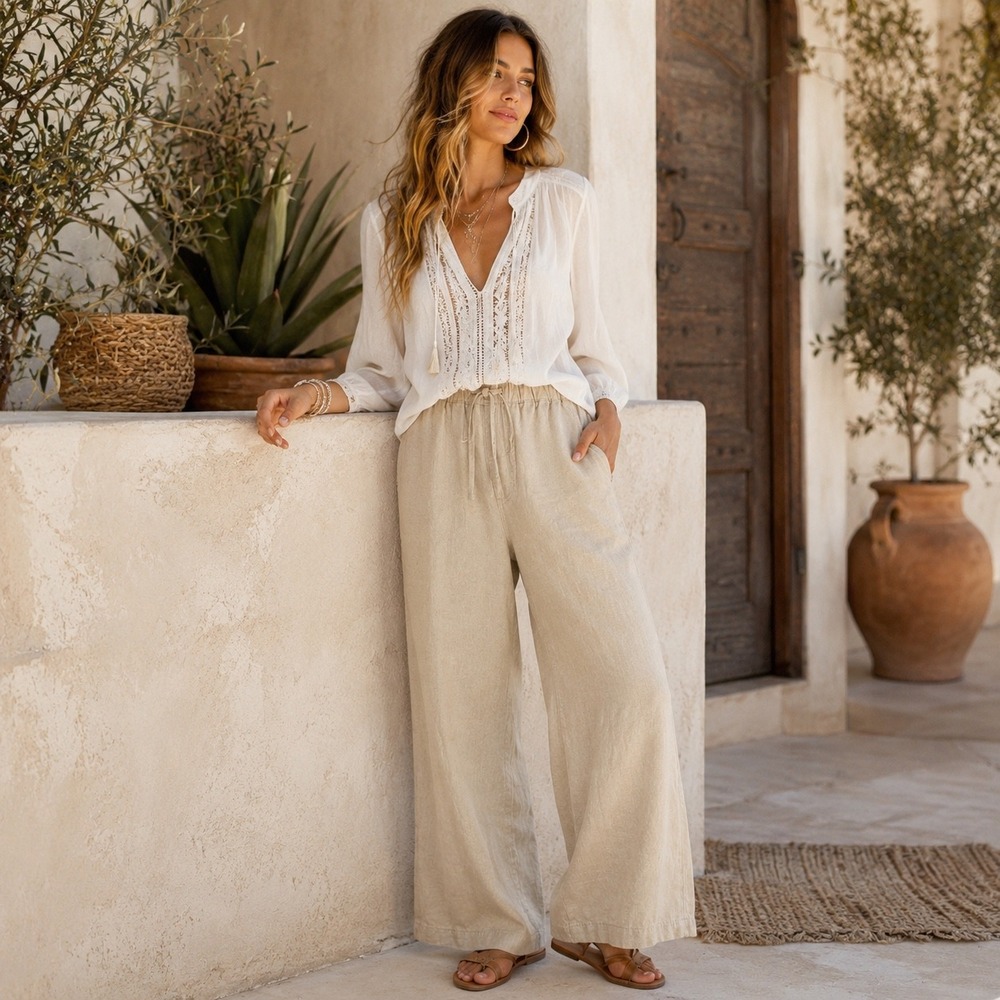 Martin Gordon Linen Cream Chinos with Relaxed Fit and Elastic Waist